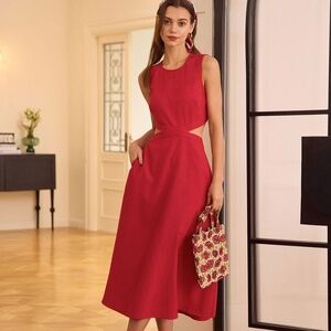 NWT Vibrant Red Elegant Round Neck Cut-Out Linen-Like Midi Dress